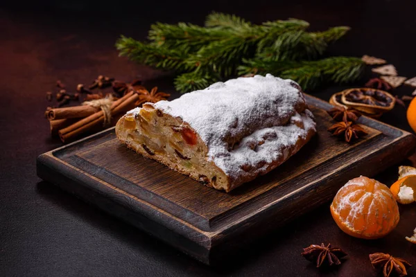 Christmas Pie Stollen Marzipan Berries Nuts Dark Concrete Background Preparation — Stock Photo, Image
