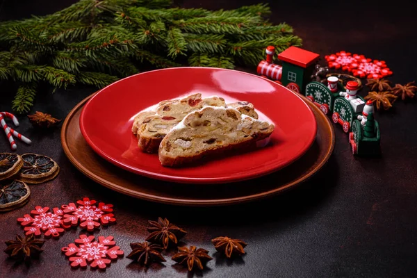 Tasty Christmas Stollen Marzipans Dried Fruits Nuts Dark Concrete Background — Stock Photo, Image