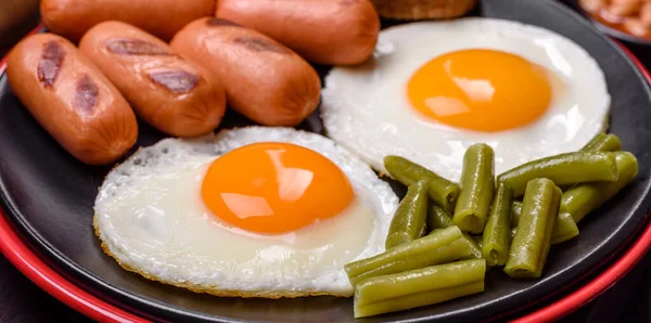 Tasty English Breakfast Fried Eggs Beans Asparagus Sausages Spices Herbs — Stock Photo, Image