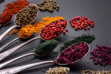 Several types of spices in metal spoons paprika, tomatoes, curry, beets, cumin, turmeric, fennel, spirulina, allspice of different colors on a black concrete background