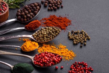 Several types of spices in metal spoons paprika, tomatoes, curry, beets, cumin, turmeric, fennel, spirulina, allspice of different colors on a black concrete background
