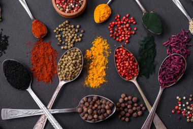 Several types of spices in metal spoons paprika, tomatoes, curry, beets, cumin, turmeric, fennel, spirulina, allspice of different colors on a black concrete background