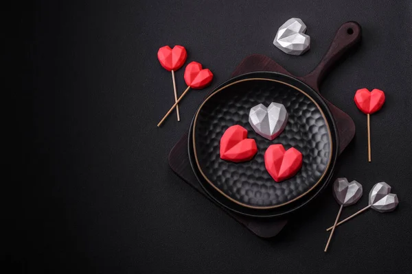 Delicious Sweet Heart Shaped Chocolate Candies Dark Concrete Background Valentines — Stockfoto