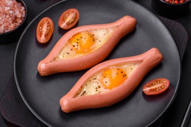 Composite concept of fried eggs inside a cut sausage with spices on a black ceramic plate on a dark concrete background