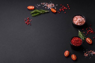 Ingredients salt, spices, herbs and tomatoes on a dark concrete background. Cooking at home