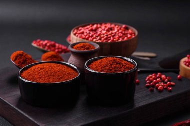 Spice smoked paprika in the form of powder in bowls and spoons on a dark concrete background. Asian cuisine ingredients