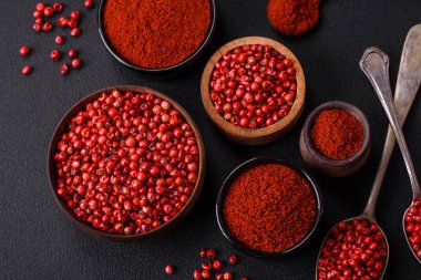 Spice smoked paprika in the form of powder in bowls and spoons on a dark concrete background. Asian cuisine ingredients