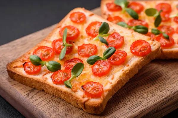 Lezzetli taze tost veya domatesli bruschetta, peynir, otlar, tuz ve baharatlar koyu beton arka planda.