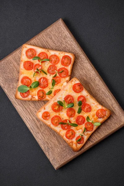 Köstlicher Frischer Toast Oder Bruschetta Mit Tomaten Käse Kräutern Salz — Stockfoto