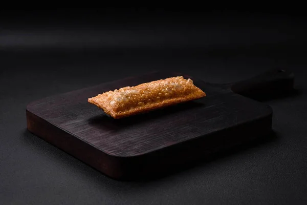 Delicious Fresh Crispy Pie Cherry Jam Wooden Cutting Board Dark — Stock Photo, Image