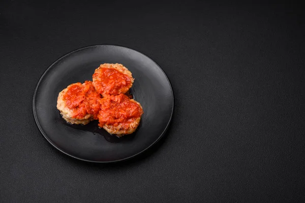 Delicious Fresh Cutlets Meatballs Spices Herbs Tomato Sauce Dark Concrete — Stock Photo, Image