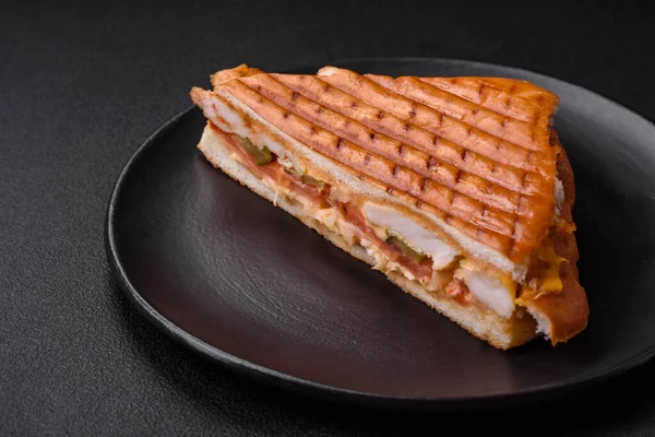 어두운 배경에 닭고기 가슴살 도마도 양념을 곁들인 맛있는 바삭바삭 샌드위치 — 스톡 사진