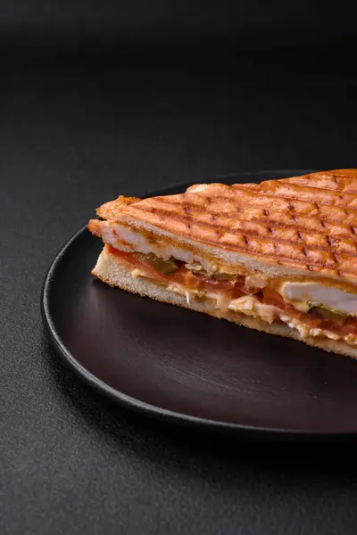 어두운 배경에 닭고기 가슴살 도마도 양념을 곁들인 맛있는 바삭바삭 샌드위치 — 스톡 사진