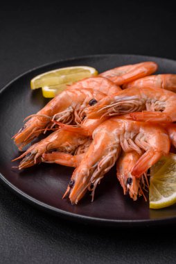 Kaplan karidesi ya da langoustine baharat ve tuzla kaynatılmış koyu beton arka planda