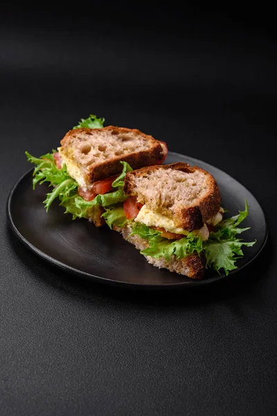 어두운 배경에 토스트 모차렐라 양상추 도마도 곁들인 맛있는 프레스 샌드위치 — 스톡 사진