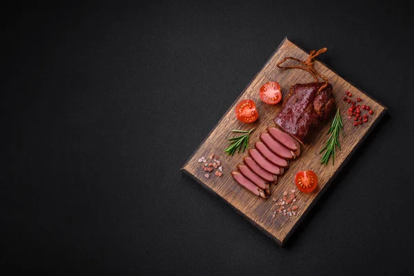 Delicious Duck Fillet Breast Grilled Smoked Spices Salt Dark Concrete — Stock Photo, Image