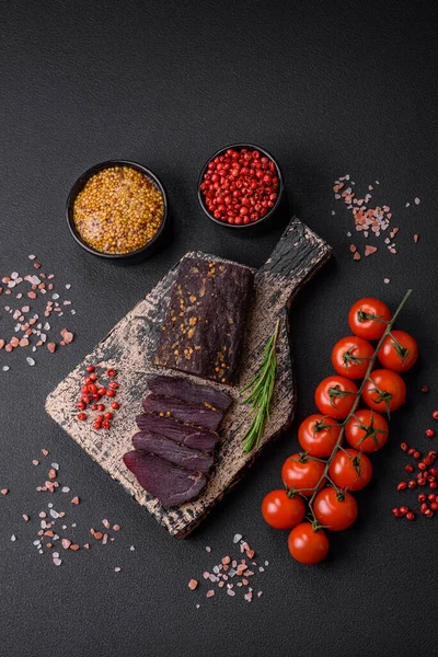 Delicious Smoked Armenian Basturma Spices Herbs Sliced Dark Concrete Background — Stock Photo, Image