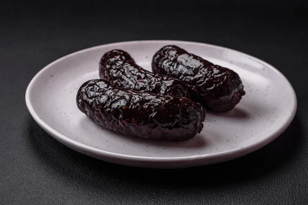 Delicious Black Blood Sausage Black Pudding Spices Herbs Grilled Black — Stock Photo, Image