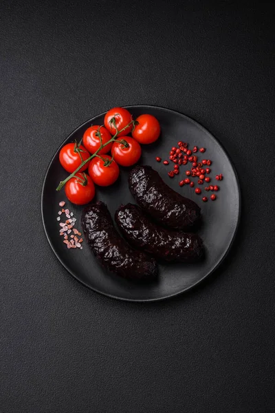 Deliciosa Salchicha Negra Budín Negro Con Especias Hierbas Parrilla Sobre —  Fotos de Stock