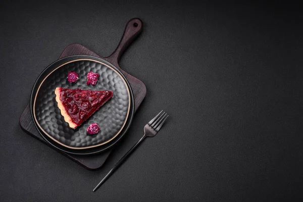 Delicious Fragrant Sweet Pie Cherry Berries Ceramic Plate Dark Concrete — Stock Photo, Image