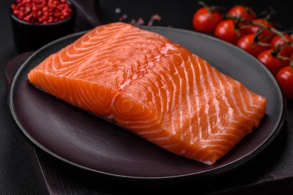Fresh Raw Salmon Red Fish Fillet Salt Spices Dark Concrete — Stock Photo, Image