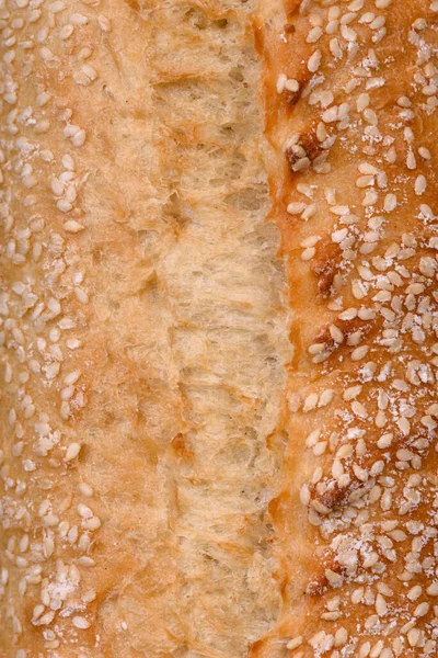 Crispy Wheat Flour Baguette Sesame Seeds Wooden Cutting Board Dark — Stock Photo, Image