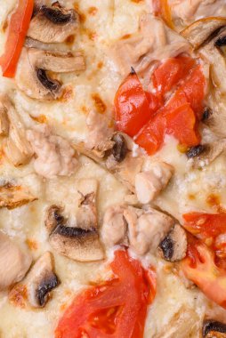 Tavuklu, domatesli, peynirli, tuzlu ve soslu leziz pizza.