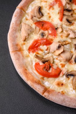 Tavuklu, domatesli, peynirli, tuzlu ve soslu leziz pizza.