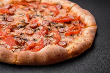 Füme sosisli Bavyera pizzası, domates, peynir, tuz ve baharatlar koyu beton arka planda.