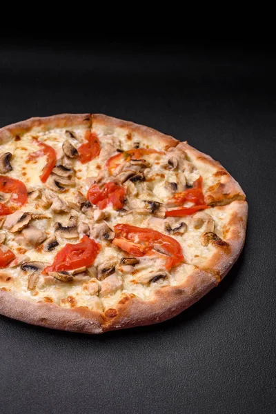 Pizza Deliciosa Com Frango Tomate Queijo Com Sal Molho Fundo — Fotografia de Stock