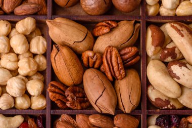 Kavrulmuş macadamia fındığı, ceviz, ceviz, ceviz, badem, kuru üzüm karışımı koyu beton bir arka planda.