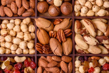 Kavrulmuş macadamia fındığı, ceviz, ceviz, ceviz, badem, kuru üzüm karışımı koyu beton bir arka planda.