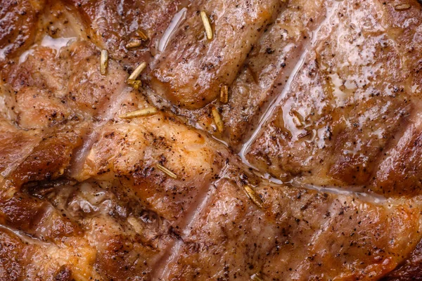 Delicious Juicy Pork Beef Steak Grilled Salt Spices Herbs Textured — Stock Photo, Image