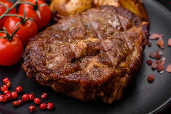 Delicious Juicy Pork Beef Steak Grilled Salt Spices Herbs Textured — Stock Photo, Image