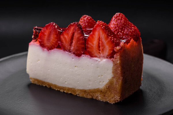 Delicious fresh cheesecake with strawberries, syrup and mascarpone cheese on a textured concrete background