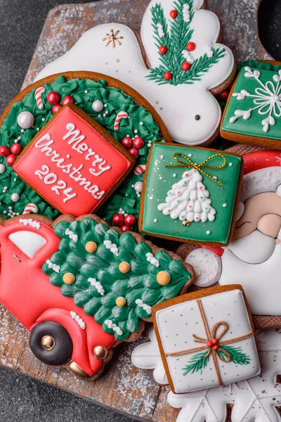 Beaux Biscuits Colorés Pain Épice Noël Pour Conception Décoration Table — Photo
