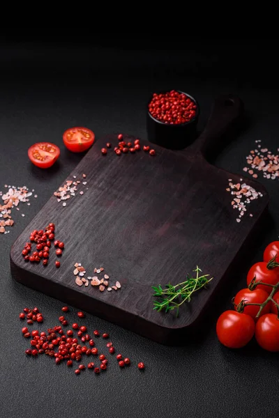 Ingredients Cooking Cherry Tomatoes Salt Spices Herbs Dark Concrete Background — Stock Photo, Image
