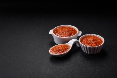 Lezzetli domates sosu biber, sarımsak, tuz, baharat ve otlar koyu beton arka planda beyaz bir sos teknesinde.