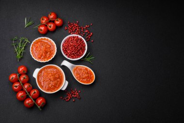 Lezzetli domates sosu biber, sarımsak, tuz, baharat ve otlar koyu beton arka planda beyaz bir sos teknesinde.