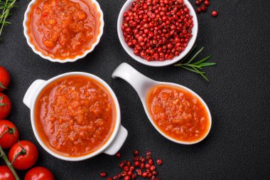 Lezzetli domates sosu biber, sarımsak, tuz, baharat ve otlar koyu beton arka planda beyaz bir sos teknesinde.