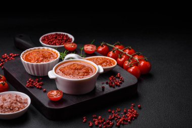 Lezzetli domates sosu biber, sarımsak, tuz, baharat ve otlar koyu beton arka planda beyaz bir sos teknesinde.