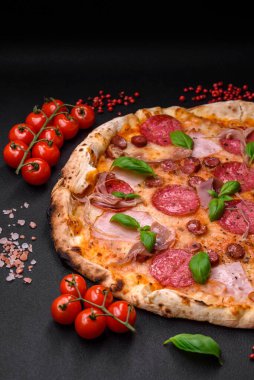 Salamlı, etli, peynirli, domatesli, baharatlı ve çimento kaplı lezzetli fırın fırınlanmış pizza.