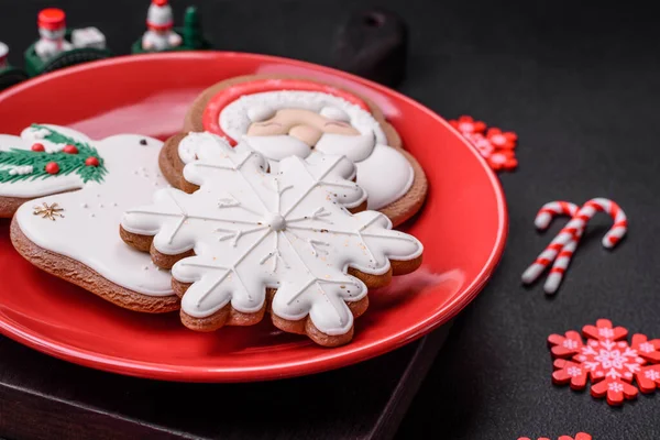 Beautiful Bright Colorful Homemade Gingerbread Cookies Ceramic Plate Dark Concrete — Stock Photo, Image