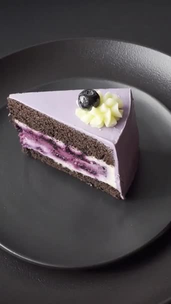 Delicious Fresh Blueberry Blackcurrant Cake Cream Cheese Dark Concrete Background — Stock Video