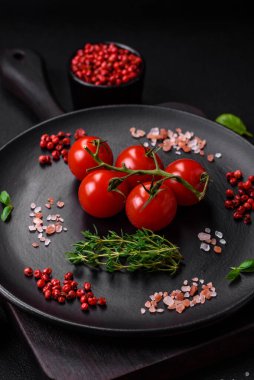 Koyu beton zeminde domates, tuz, baharat ve otlar pişirmek için gerekli malzemeler.