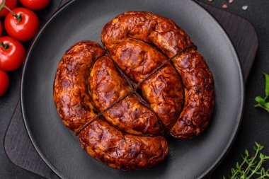 Tuz, baharat ve çimento kaplı bir halkada ızgara sosis.