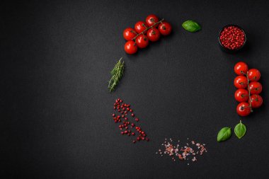 Koyu beton zeminde domates, tuz, baharat ve otlar pişirmek için gerekli malzemeler.