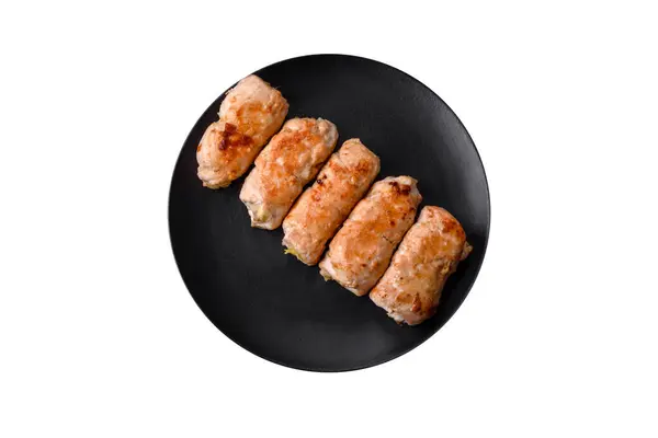 Delicious Baked Pork Chicken Roll Mushrooms Spices Herbs Dark Concrete — Stockfoto