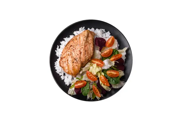 Delicious Healthy Breakfast Consisting Chicken Rice Greens Cherry Tomatoes Black — Stock Photo, Image