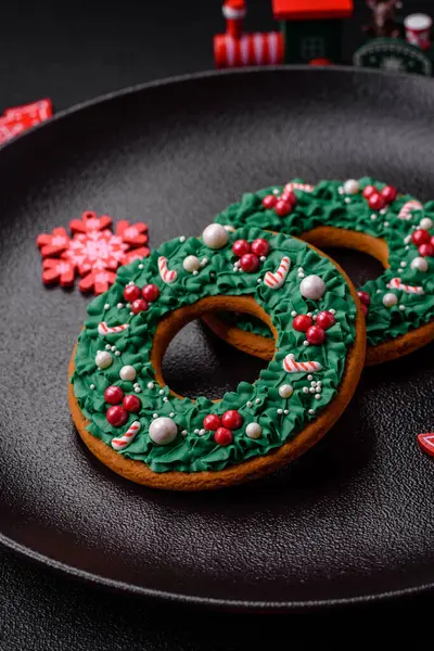 Beautiful Festive Christmas Gingerbread Made Hand Decoration Elements Dark Concrete — Stock Photo, Image